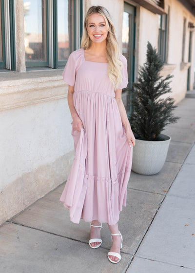 Short sleeve lilac tiered dress