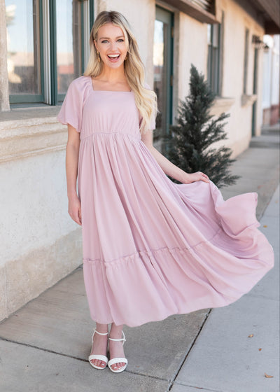 Modest square neck lilac tiered ress with short sleeves