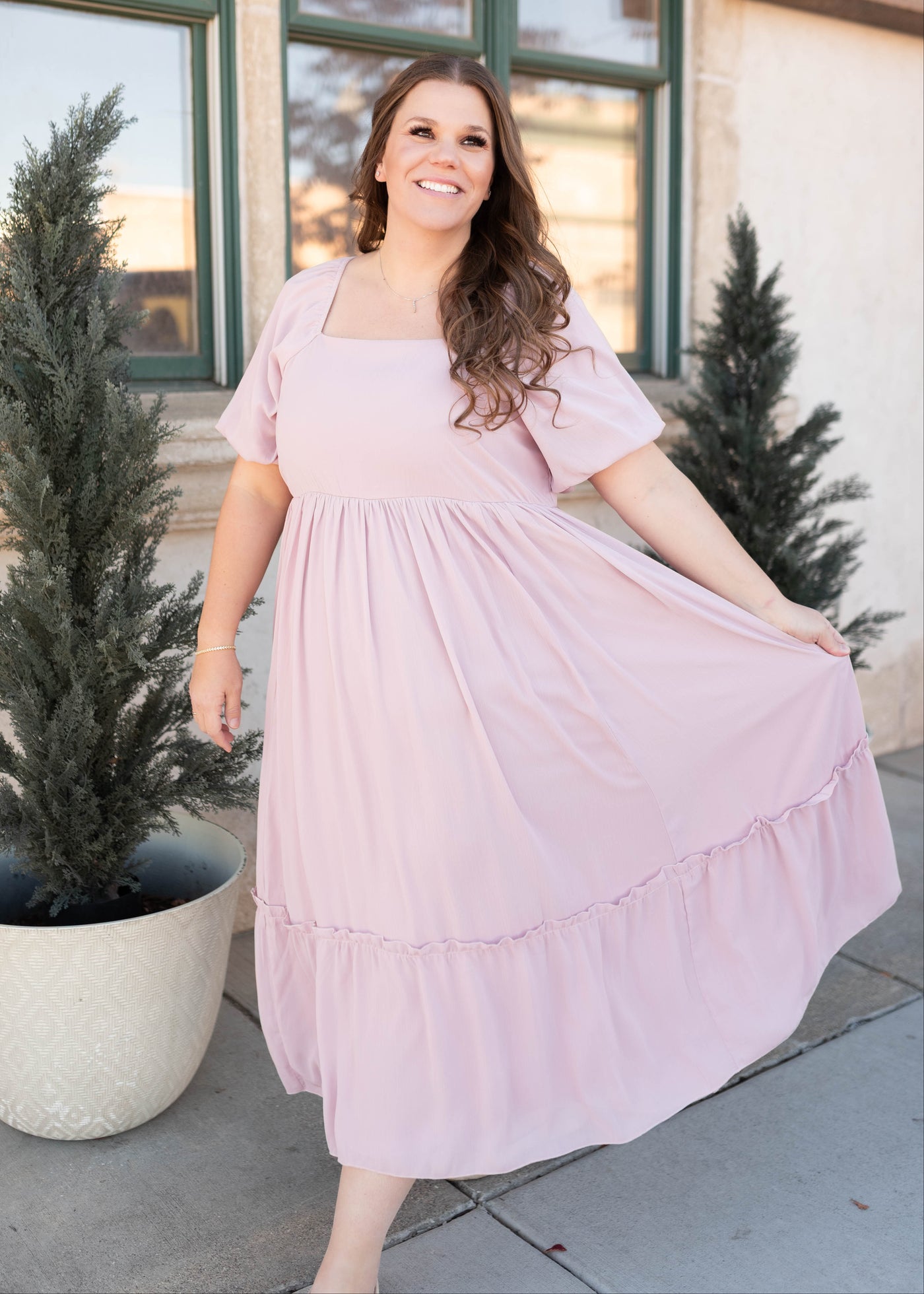 Short sleeve modest lilac tiered dress in plus size