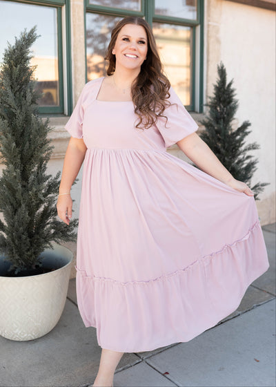 Short sleeve modest lilac tiered dress in plus size