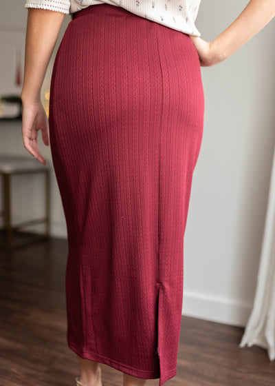 Back view of the burgundy midi skirt
