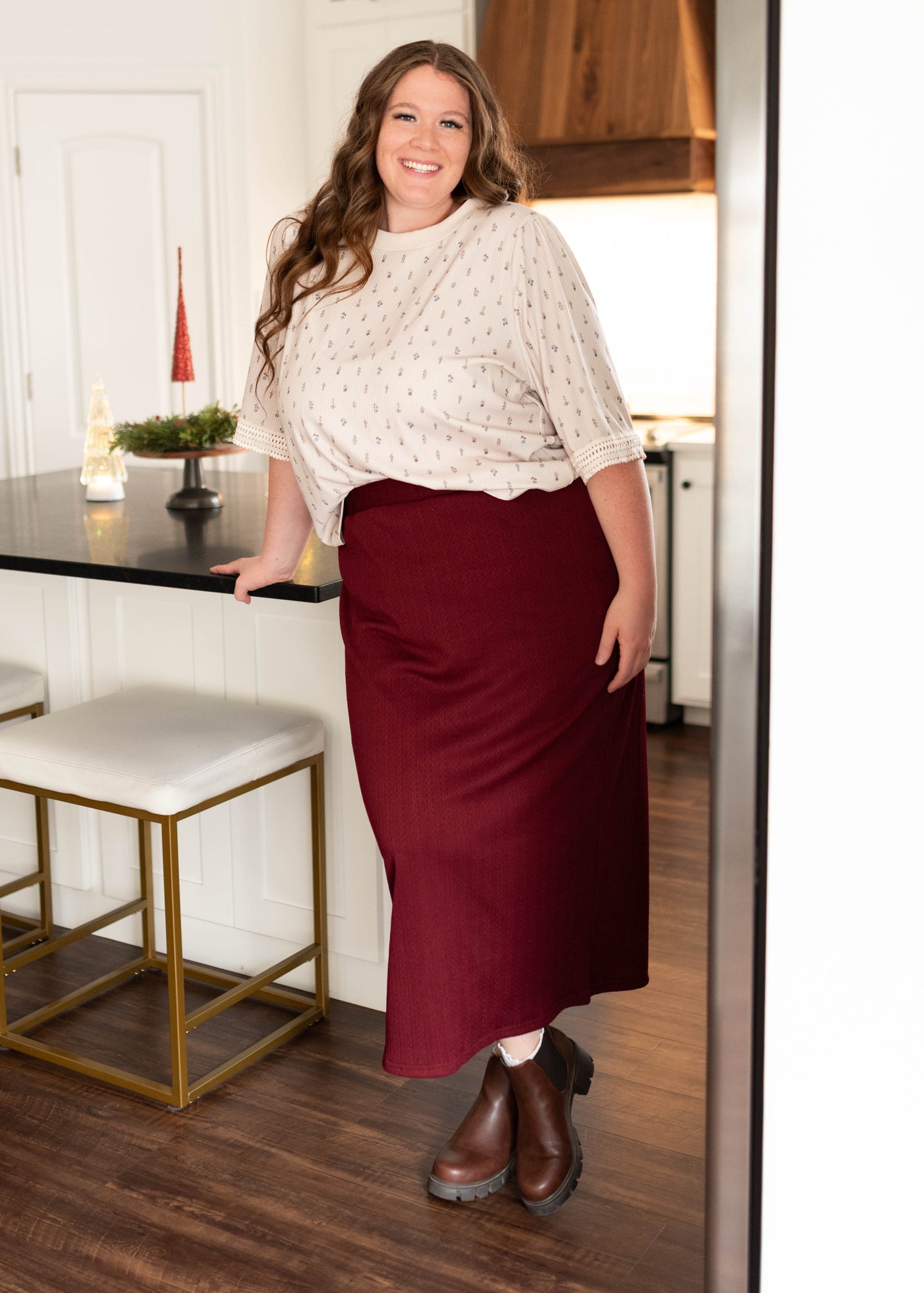 Modest plus size burgundy midi skirt