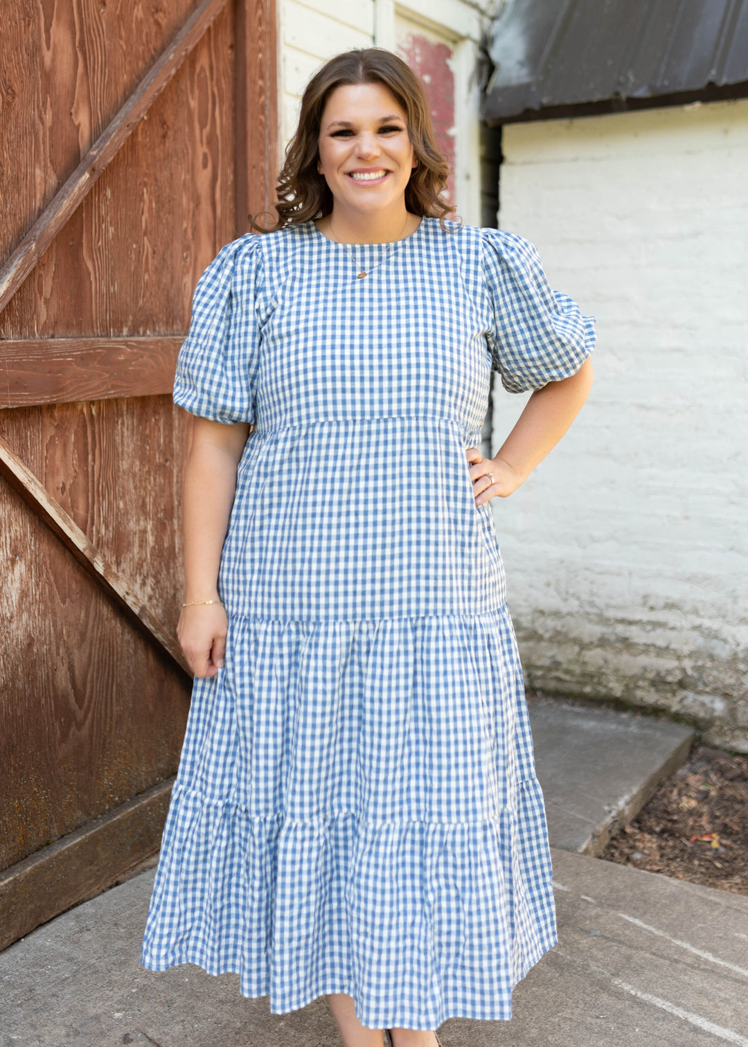plus size gingham dress Mariah Blue Tiered The sweetheart neckline is Color:Purple Striped How to Pair Dress clothing-dresses: Midi
