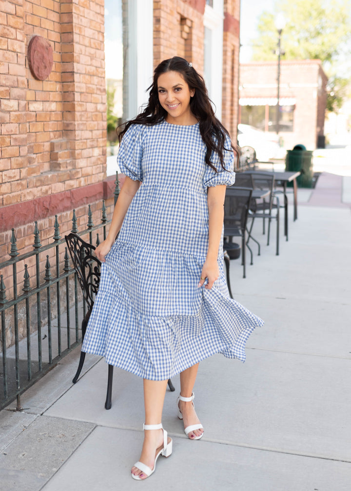 blue gingham dress puff sleeve Mariah Tiered — Lena & Lou Exclusive 100% Polyester Size:Adult | 42|R Shoulder Roman Originals Occasion tube top