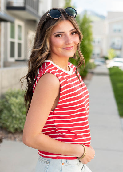 Side view of the red striped tee