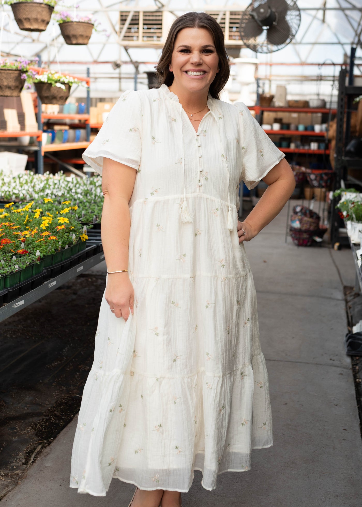 cream dress with embroidered flowers Creamy Floral Lattice Dress | Embroidered Rust Trim & Ruffled Collar