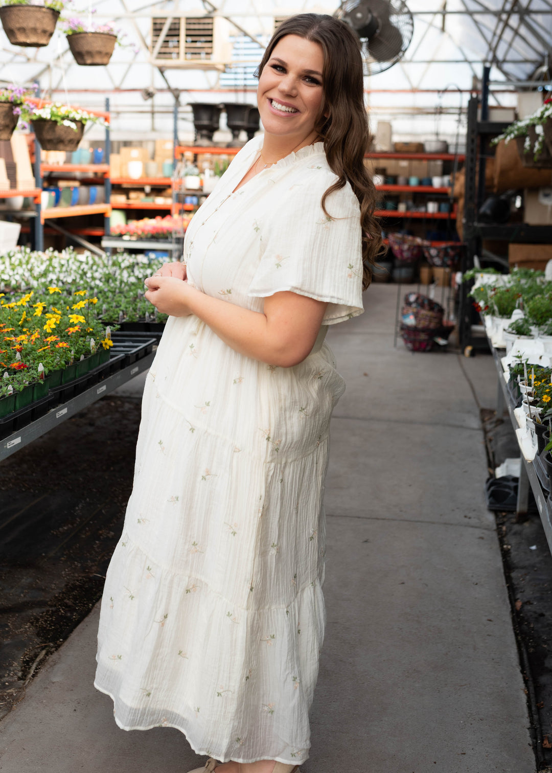 Marilyn Cream Embroidered Floral Midi Dress - Flutter Sleeve