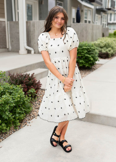 Square neck ivory embroidered floral dress