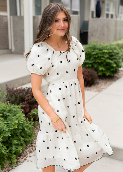 Short sleeve ivory embroidered floral dress
