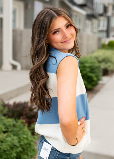 Side view of the blue striped sweater vest