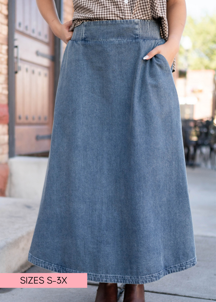 Marley Medium Wash Denim Midi Skirt – Lena Layne