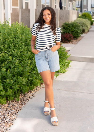 Navy striped top with short sleeves