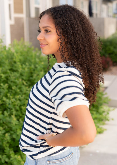 Side view of the navy striped top