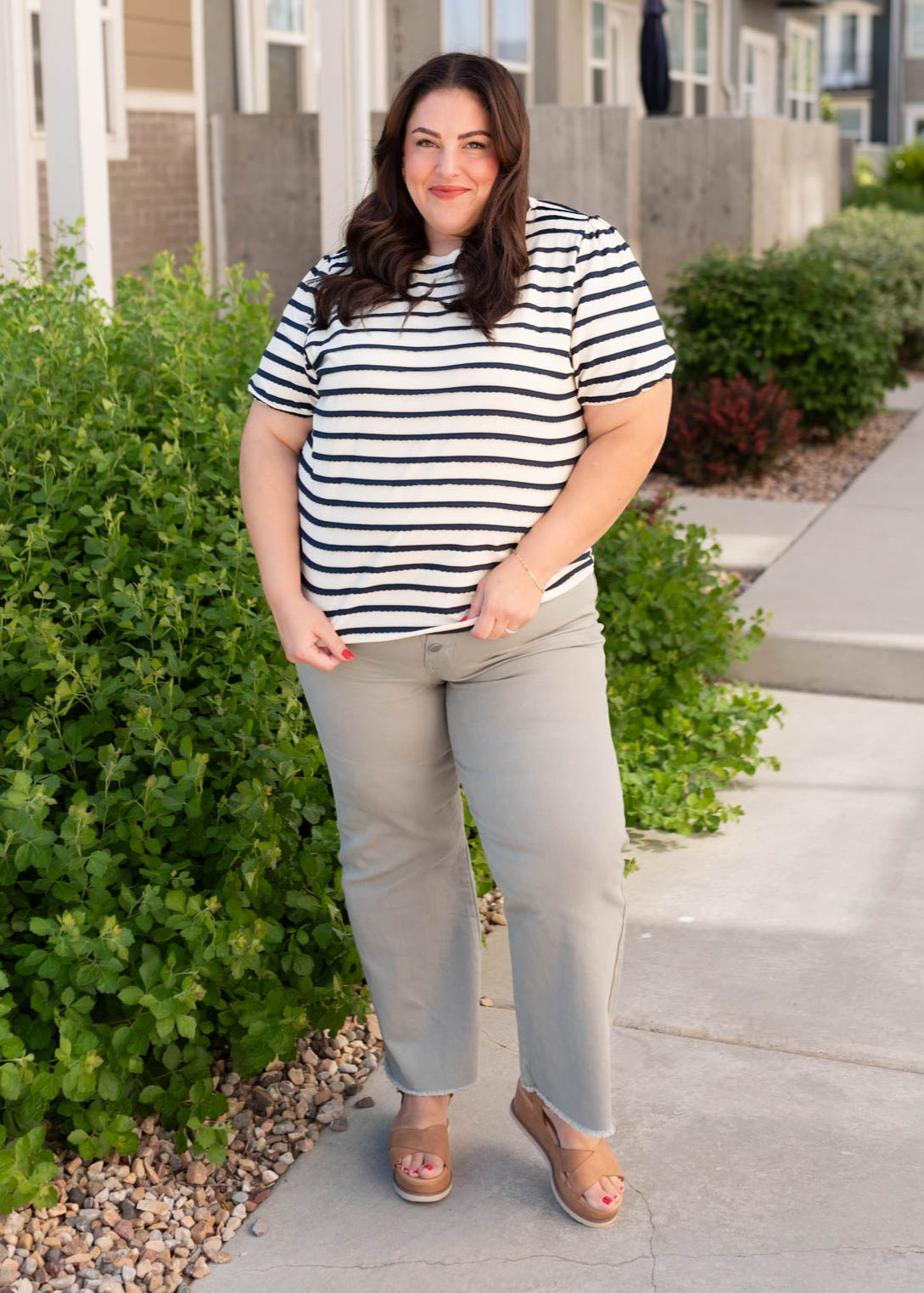 Plus size navy striped top with puff sleeve