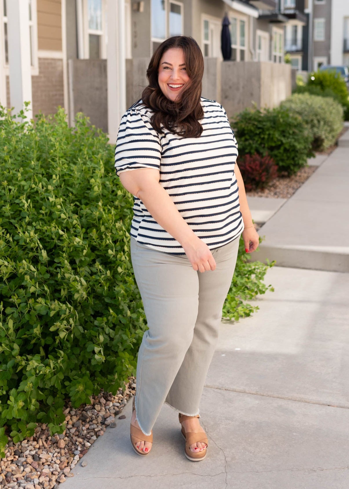 Navy striped top with short sleeves in plus size
