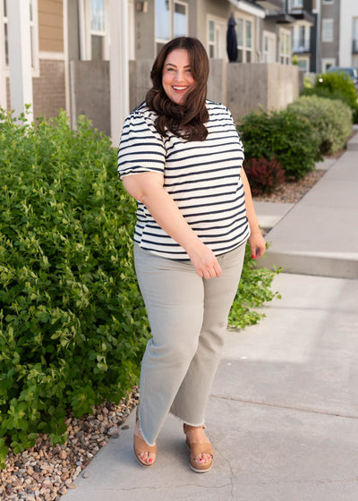 Navy striped top with short sleeves in plus size