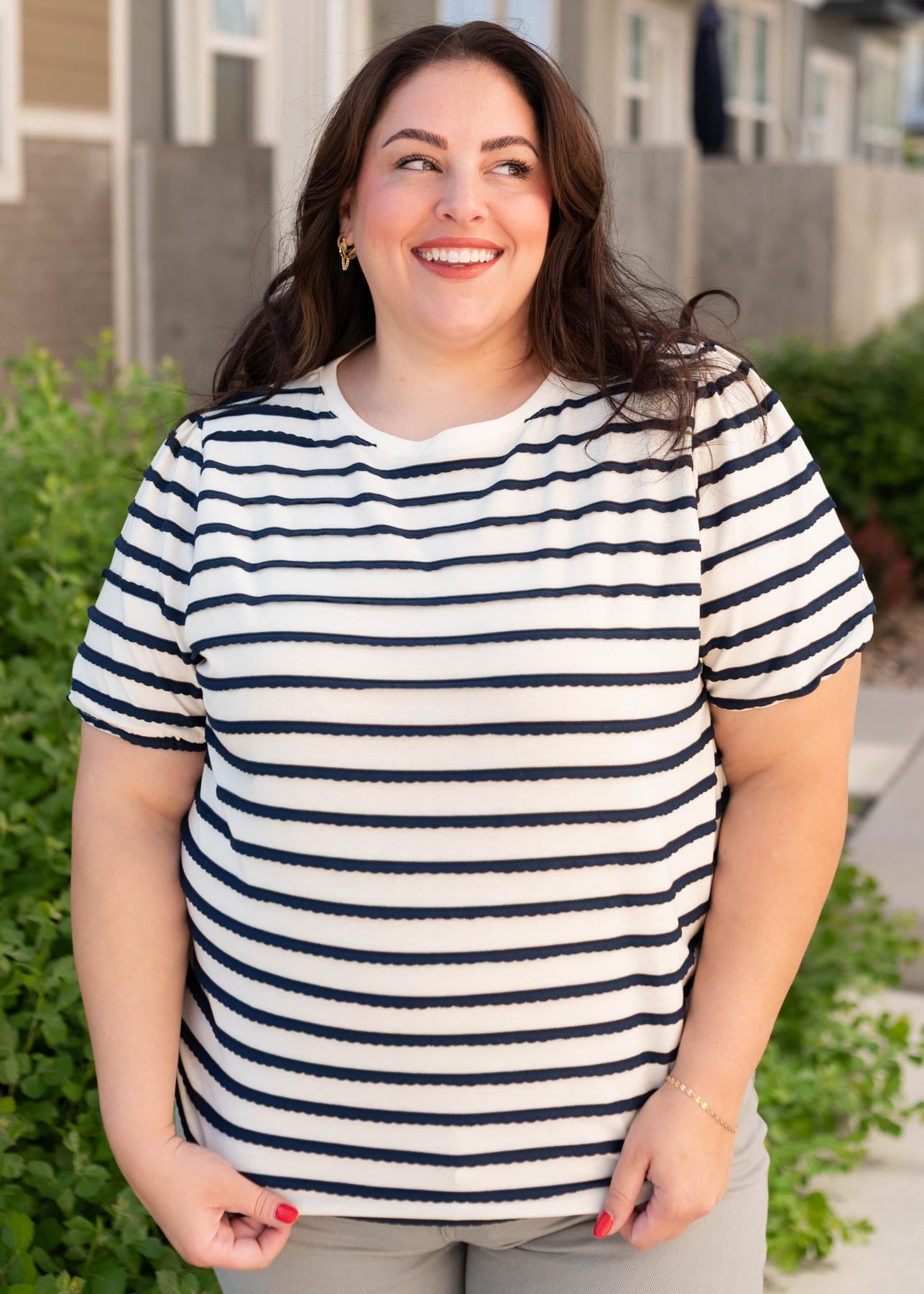 Short sleeve navy striped top in plus size