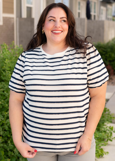 Short sleeve navy striped top in plus size