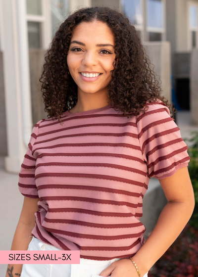 Pink and burgundy stripe top