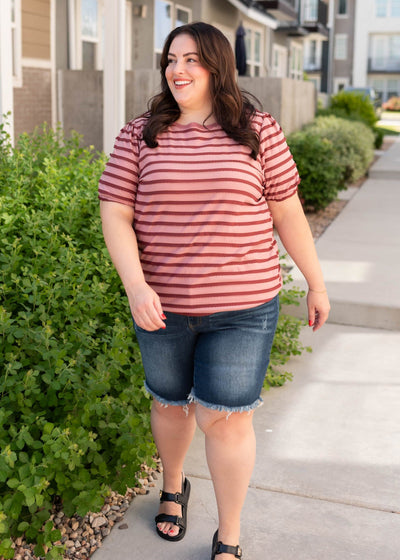 Textured burgundy stripe on the plus size pink and burgundy striped top