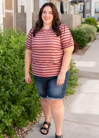 Plus size short sleeve pink and burgundy striped top