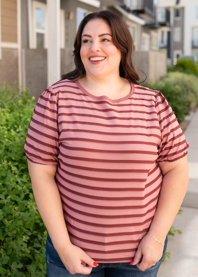 Plus size pink and burgundy striped top with short sleeves