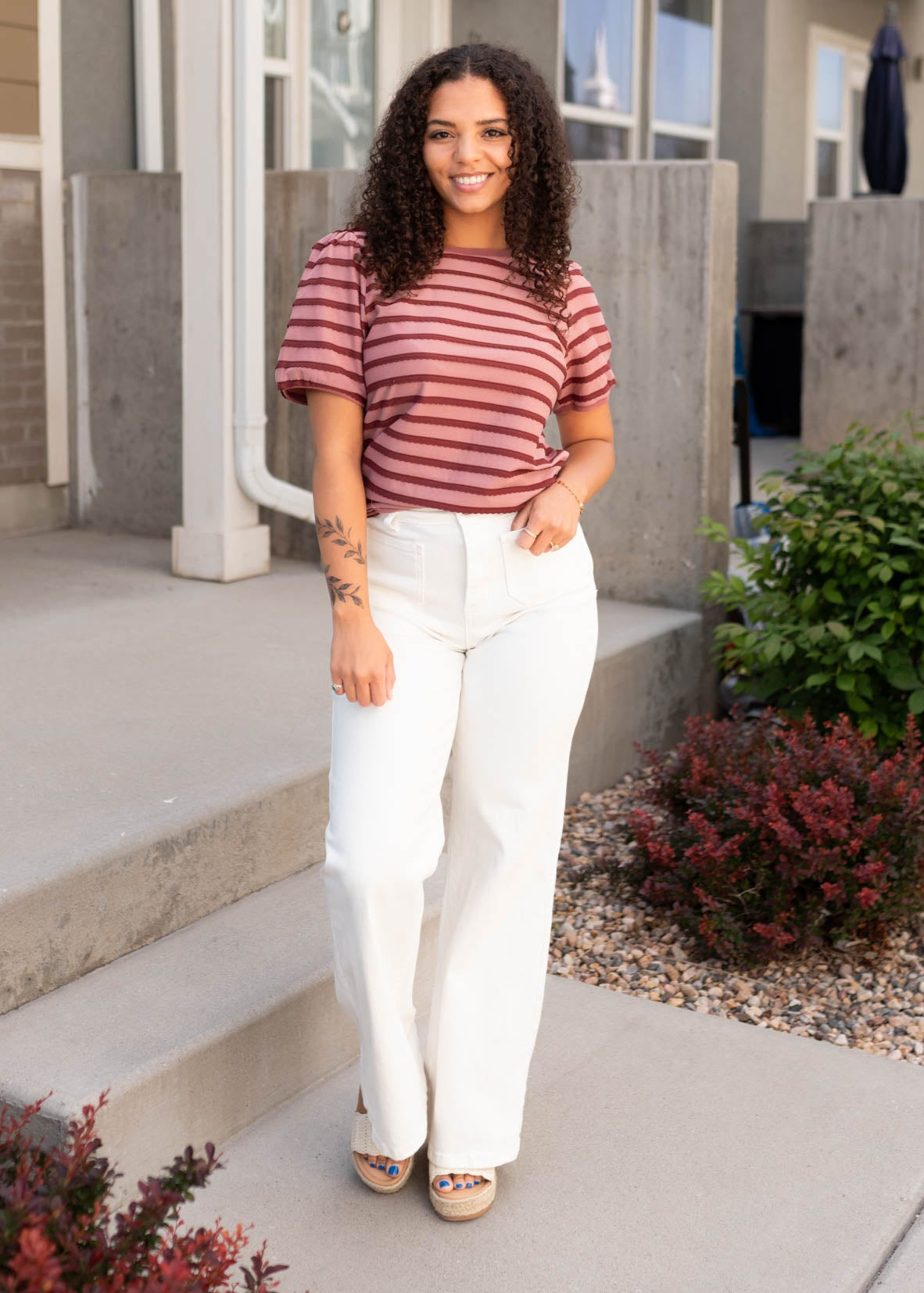 Textured pink and burgundy striped top