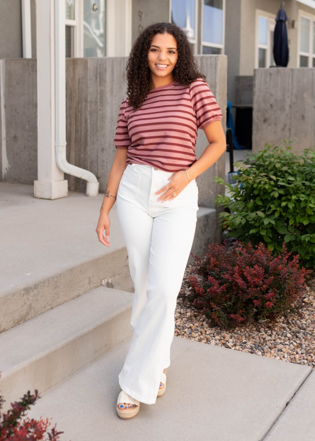 Puff sleeve pink and burgundy striped top