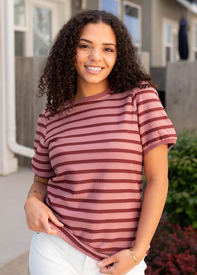 Pink and burgundy top with short sleeves