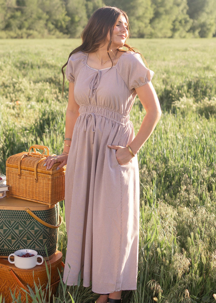 Martha Taupe Gingham Dress - Lace Sweetheart Neckline, Puff
