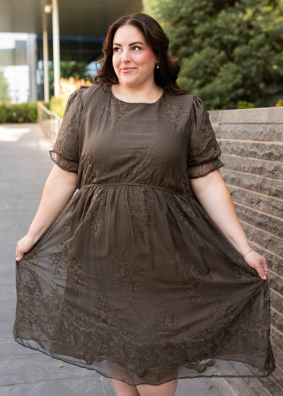 Mary Dark Olive Embroidered Dress