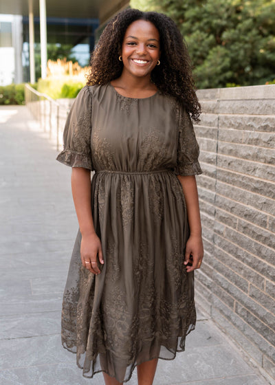 Mary Dark Olive Embroidered Dress