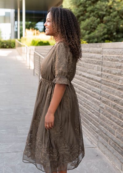 Mary Dark Olive Embroidered Dress
