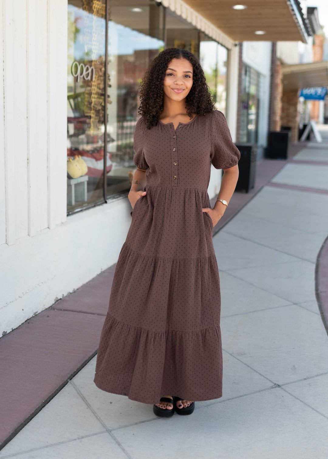 Maya Brown Polka Dot Button Front Maxi Dress | Nursing Friendly
