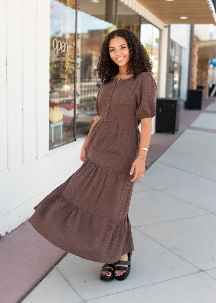 Maya Brown Polka Dot Button Front Maxi Dress | Nursing Friendly