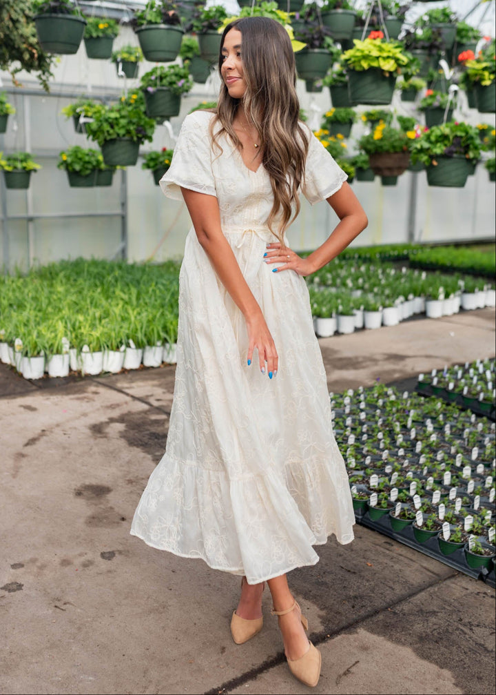 Mayla Cream Embroidered Floral Dress - Elegant Dress | Lena Layne