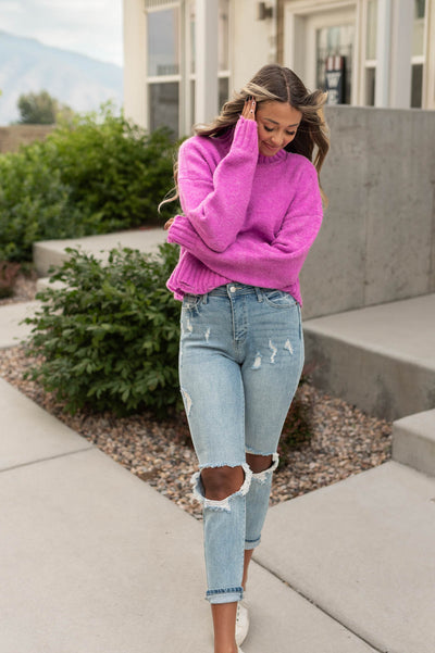 Front view of a orchid sweater