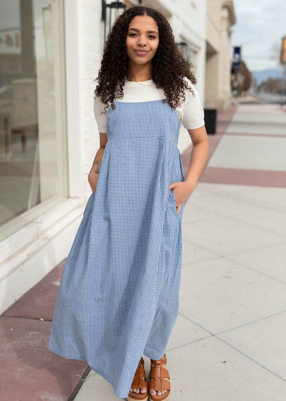knee length dresses for ladies Button Denim Midi Pinafore Dress (Light Blue) – Megoosta Fashion