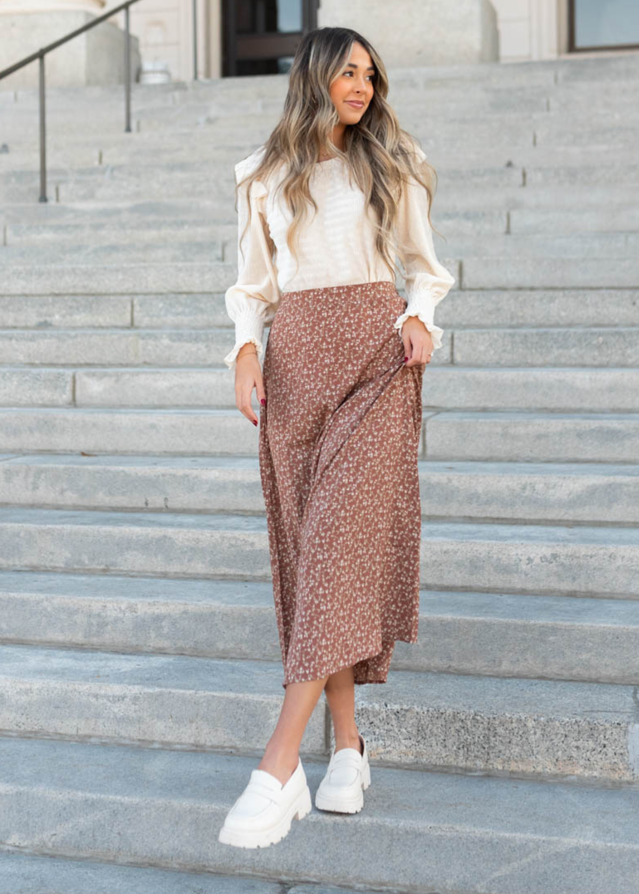 Mei Cream Ribbed Ruffle Blouse