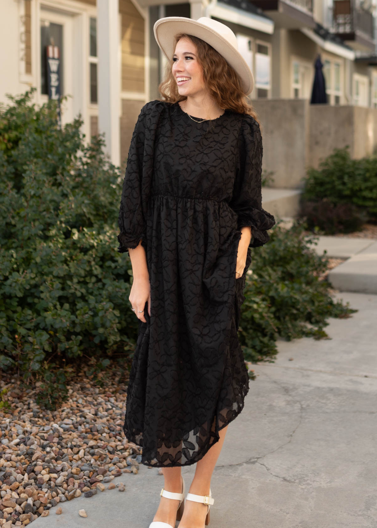 Black floral dress with elastic waist