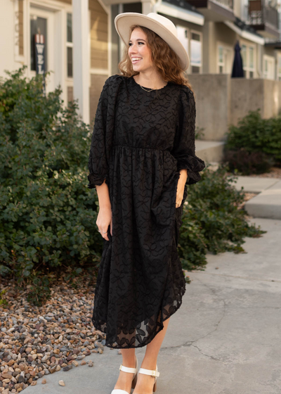 Black floral dress with elastic waist