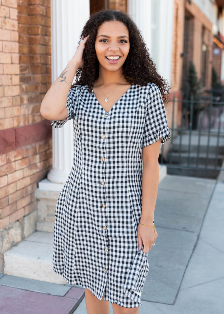 Melanie Black & White Gingham Mini Dress - V-Neck, Button Front