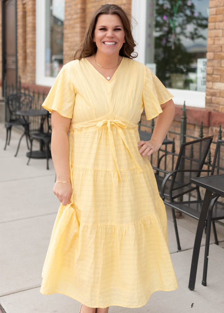 yellow layered dress Summer Invite Tie-Strap Tiered Midi Celebrate the present moment with the Lulus Tier and Now Yellow Tie Melanie Butter Yellow Tiered Dress