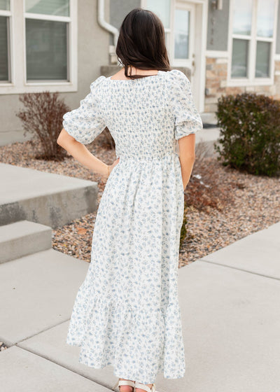 Back view of the blue floral dress