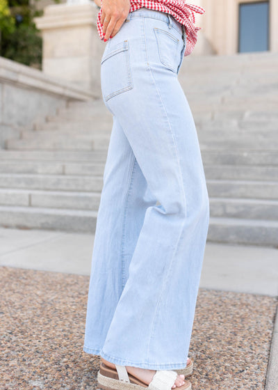 Side view of the light denim jeans