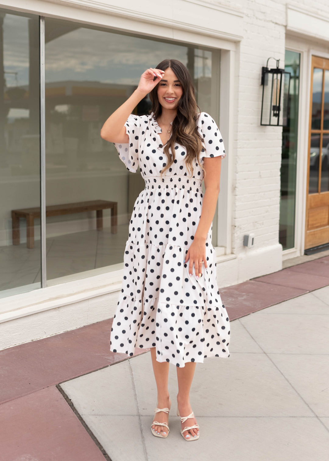 cream polka dot dress The Beige V Neck Polka Dot Button Midi Dress