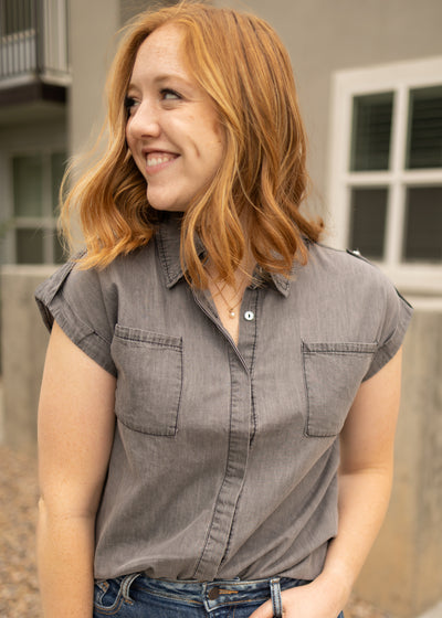 Button up light grey denim top with front pockets