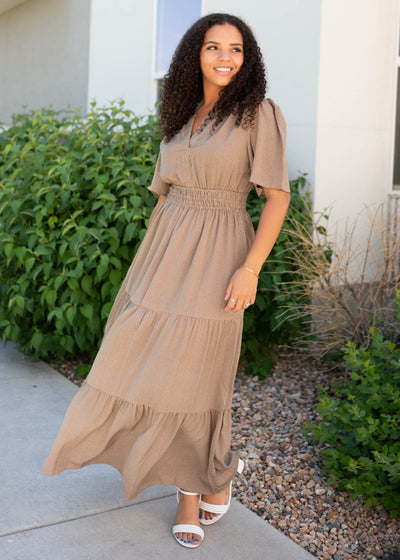 Pale brown tiered dress with short sleeves