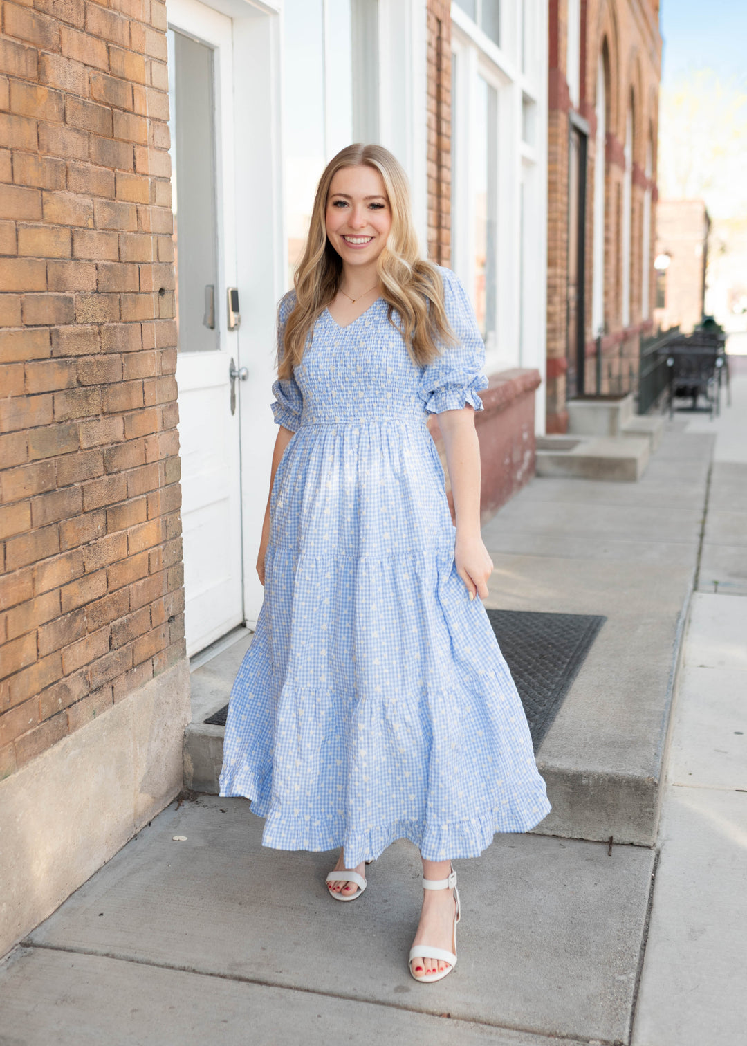 Mikayla Blue Gingham Floral Embroidered Dress with Pockets