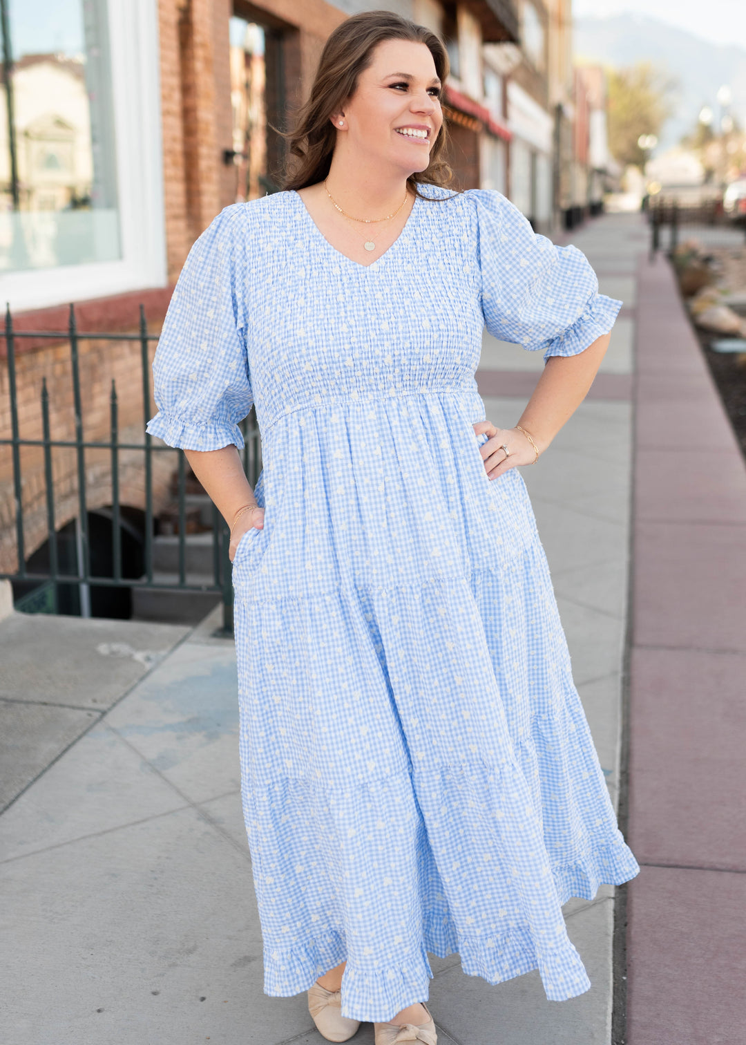 plus size blue gingham dress Mikayla Floral Size:Petite-12